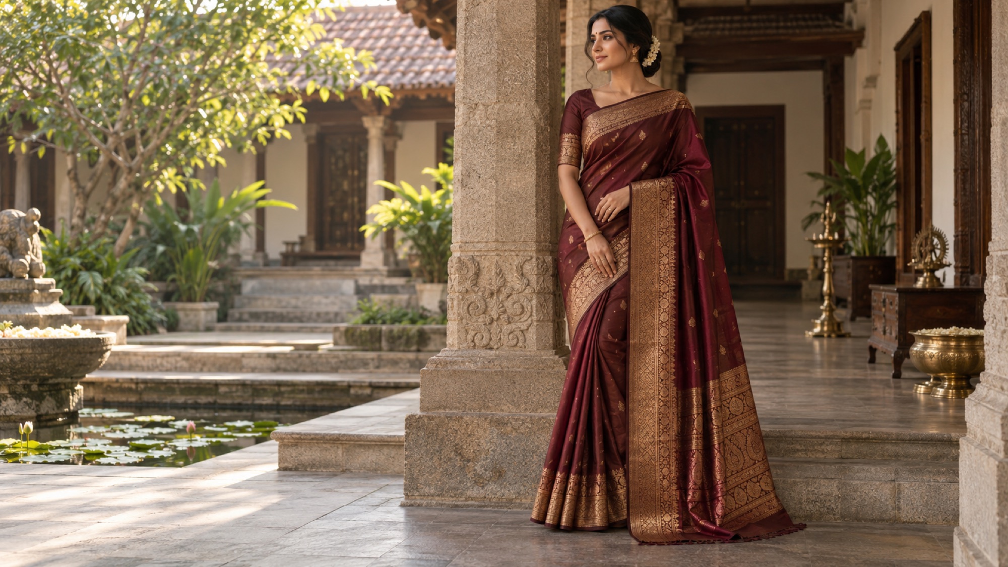 Woman wearing a garnet handwoven silk saree in a heritage courtyard