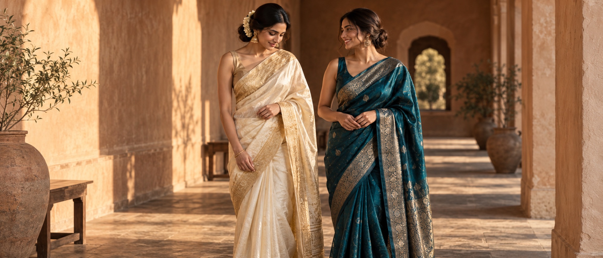 Two women wearing ivory and teal silk sarees