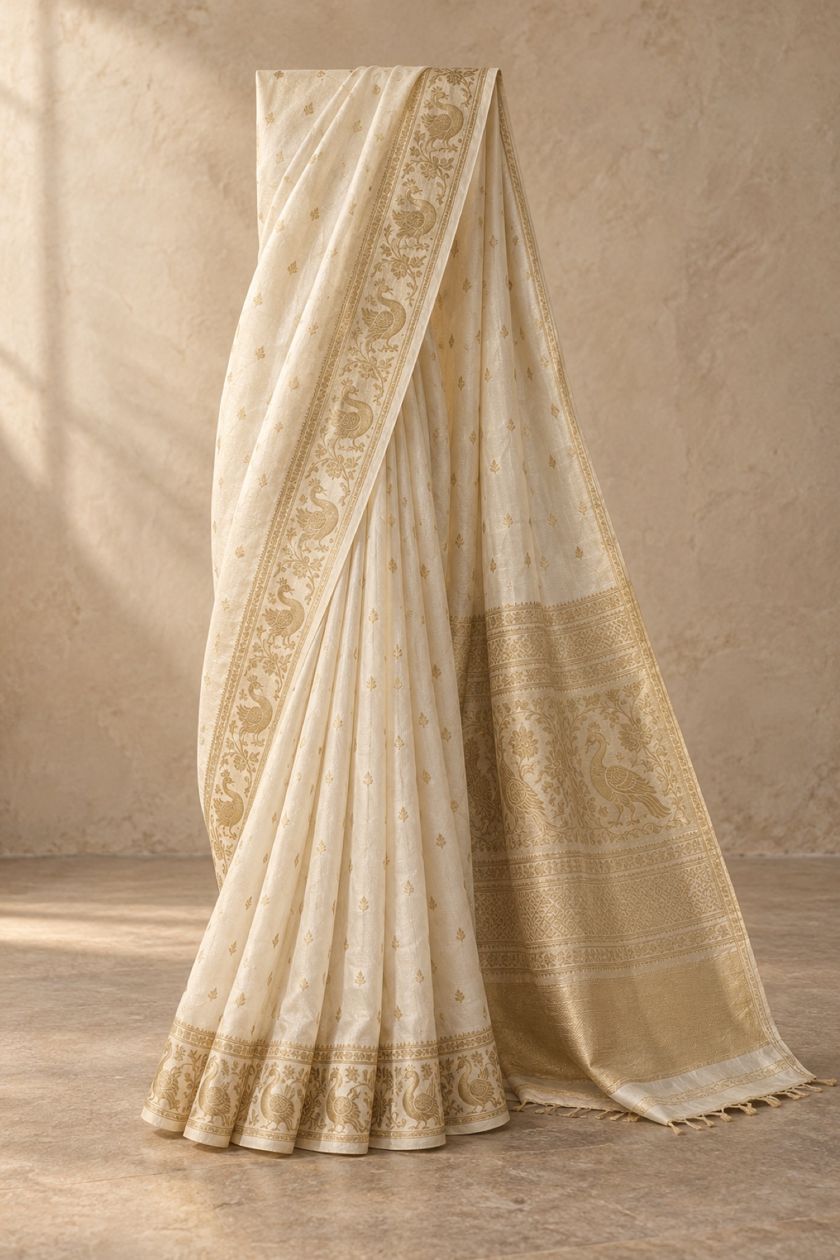 Single ivory silk saree with gold annam border