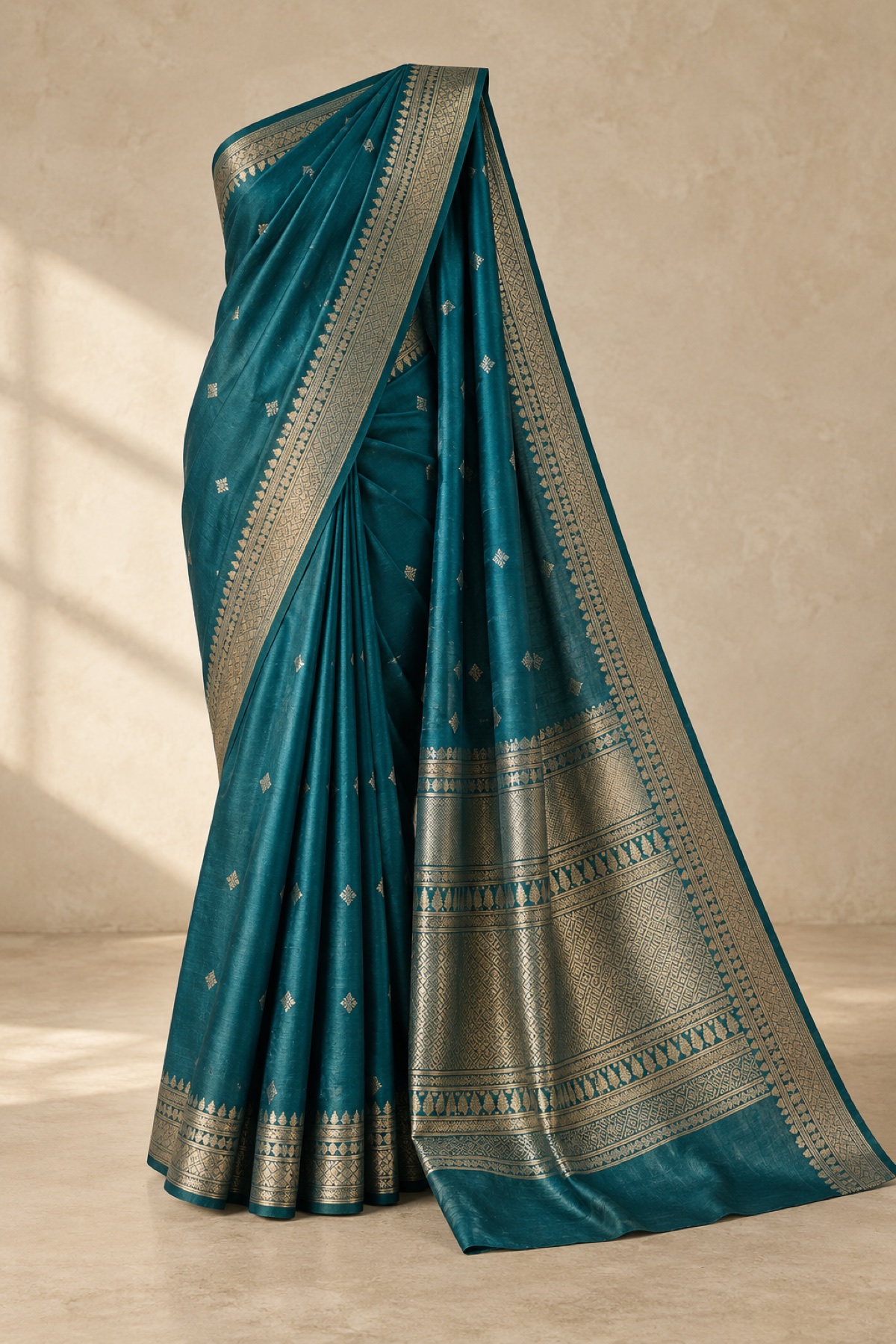 Single deep teal silk saree with geometric zari border